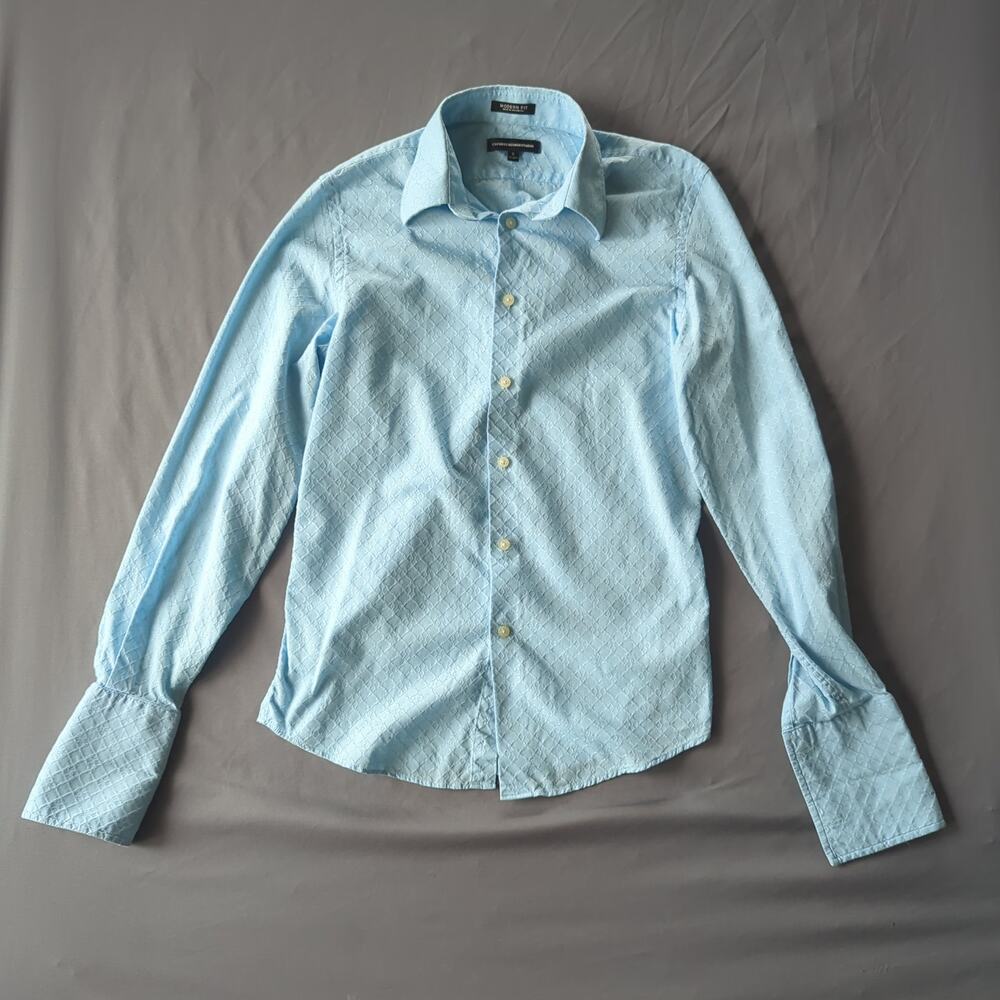 Express Design Studio Modern Fit Blue Textured Jacquard Dress Shirt Men's S
